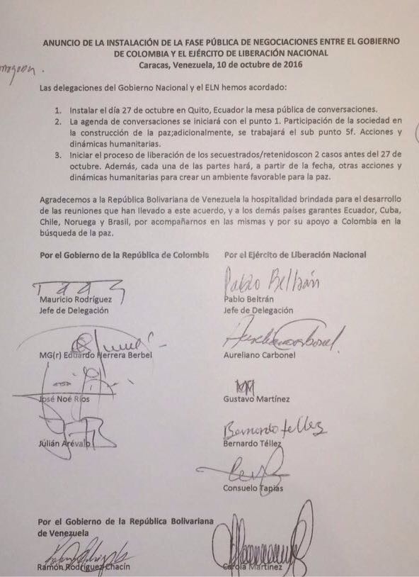 Letter of commitment between @EquipoPazGob and @ELN_Paz.