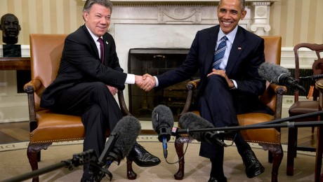 President Barack Obama shakes hands with Colombian President Juan Manuel Santos during their meeting in the Oval Office of the White House, in Washington, Thursday, Feb. 4, 2016. (AP Photoby Carolyn Kaster)